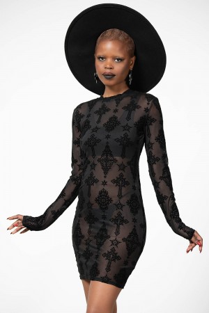 Killstar Alter Mesh Bodycon Vestido Negros | 84610-OCLV