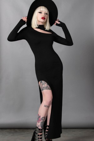 Killstar Astaroth Long Sleeve Vestido Negros | 42639-HCIN