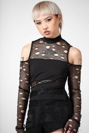 Killstar Burn Out Fishnet Crop Top Negros | 21087-OKBZ