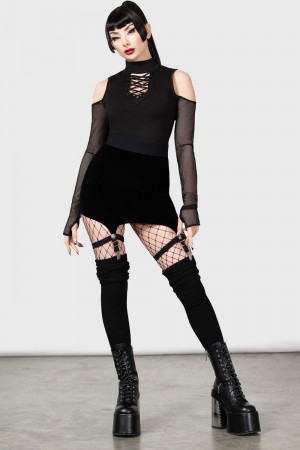 Killstar Cassandra Velvet Mini Skirt [B] Negros | 13862-IZVW