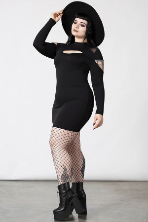 Killstar Cosmic Shift Long Sleeve Vestido Negros | 73514-AKFJ