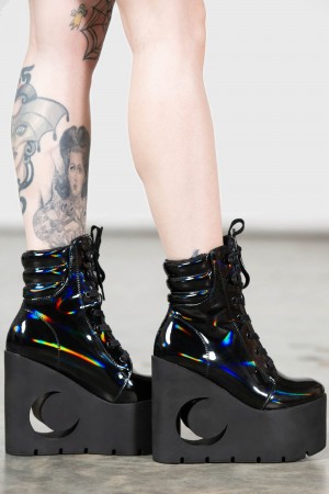 Killstar Diana Crescent Wedge Boots [BLACK HOLOGRAPHIC] Negros | 75219-VYNR