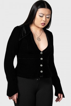 Killstar Evelina's Enhancement Velvet Plunge Shirt Negros | 73104-YZWV