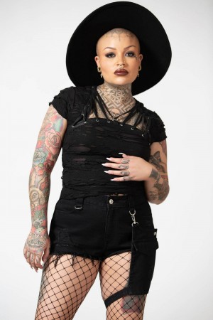 Killstar Fury Carretera Denim Garter Shorts Negros | 37649-EMOF