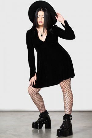 Killstar Hecate Velvet Plunge Vestido Negros | 24503-STQA