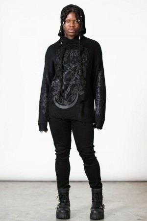 Killstar Hyperion Encapuchado Knit Sueter Negros | 03748-LGYM
