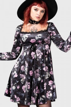 Killstar Imperia Long Sleeve Vestido [BLACK/PINK] Rosas | 71983-JHYO