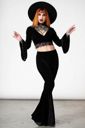 Killstar Marisol Velvet Bell Bottoms Negros | 30965-YADU
