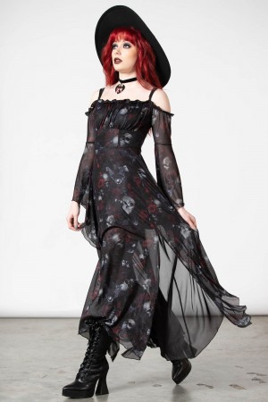 Killstar Mystic Meadow Mesh Maxi Vestido Negros | 02857-RBYU