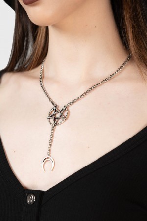 Killstar Pentagram Moon Drop Choker Plateados | 12704-FRUQ