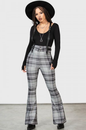 Killstar Prophet Of Doom Suspender Trousers [GREY TARTAN] Grises | 95678-BQYN