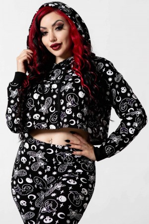 Killstar Purr Off Cropped Hoodie [B] Negros | 28096-QHFZ