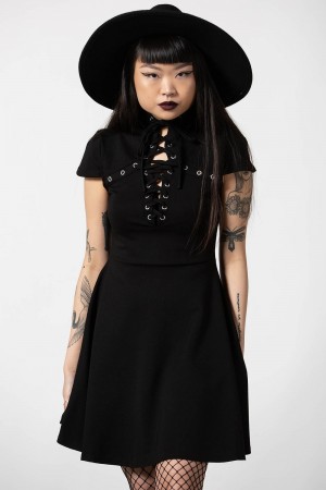 Killstar Tied Up Skater Vestido Negros | 90764-TLRV