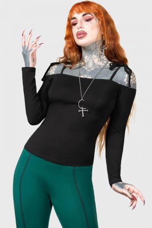 Killstar Withering Wench Bardot Top Negros | 57239-SLDT