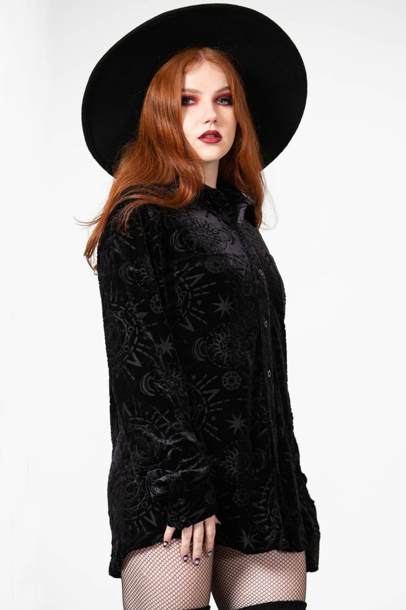 Killstar Alchemight Burnout Button-Up Shirt Negros | 17895-YIJS