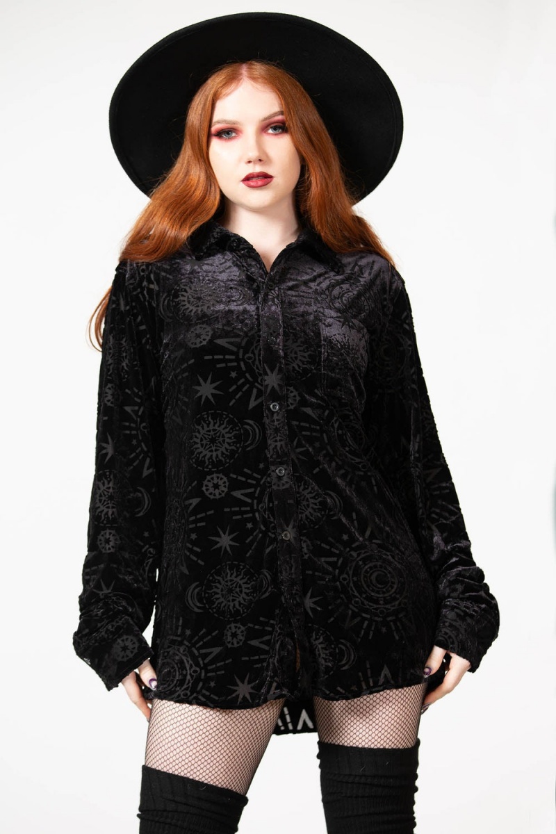 Killstar Alchemight Burnout Button-Up Shirt Negros | 17895-YIJS