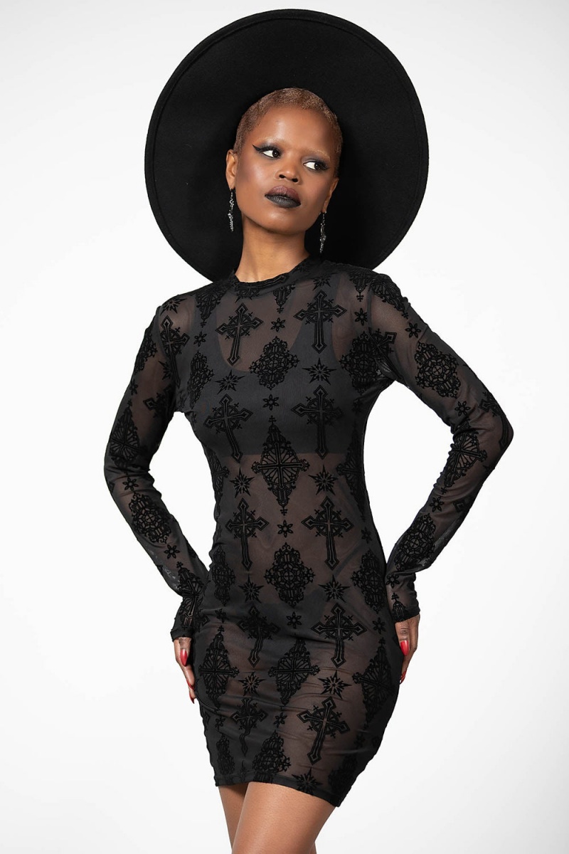 Killstar Alter Mesh Bodycon Vestido Negros | 84610-OCLV