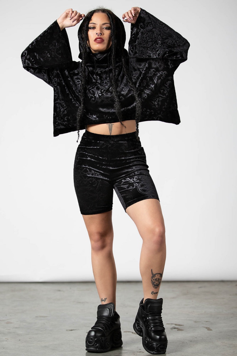 Killstar Anesthesia Velvet Cropped Hoodie Negros | 57364-CSNW