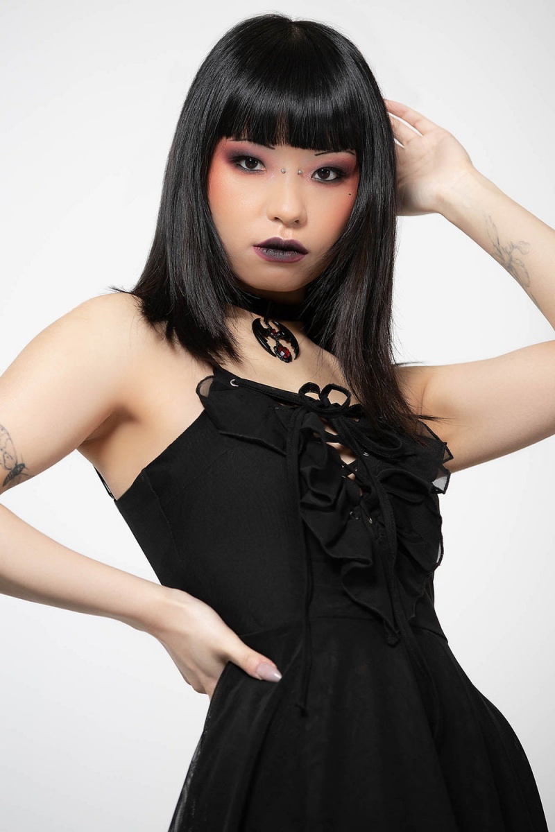 Killstar Anshee Encaje-Up Vestido Negros | 46029-RLJI