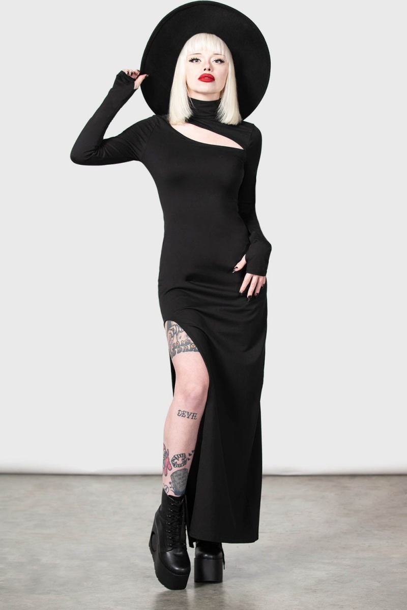 Killstar Astaroth Long Sleeve Vestido Negros | 42639-HCIN