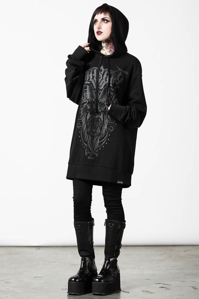 Killstar Bellow Longline Hoodie Negros | 57348-VITE