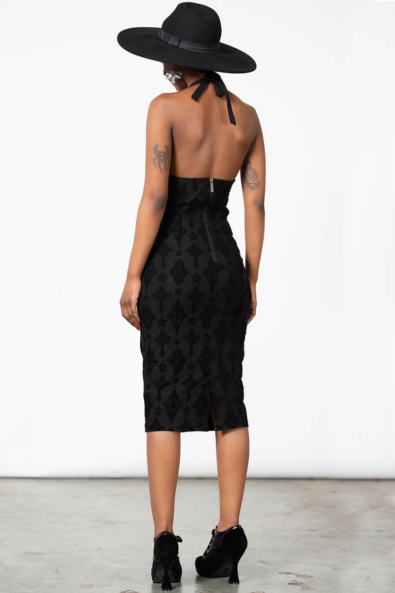 Killstar Blessings Flocked Midi Vestido Negros | 31246-VOBA