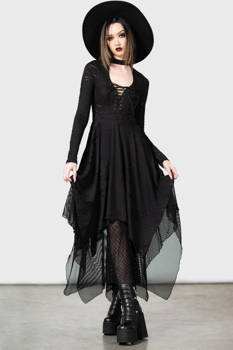 Killstar Boneland Arrow Maxi Vestido Negros | 23609-EPMT