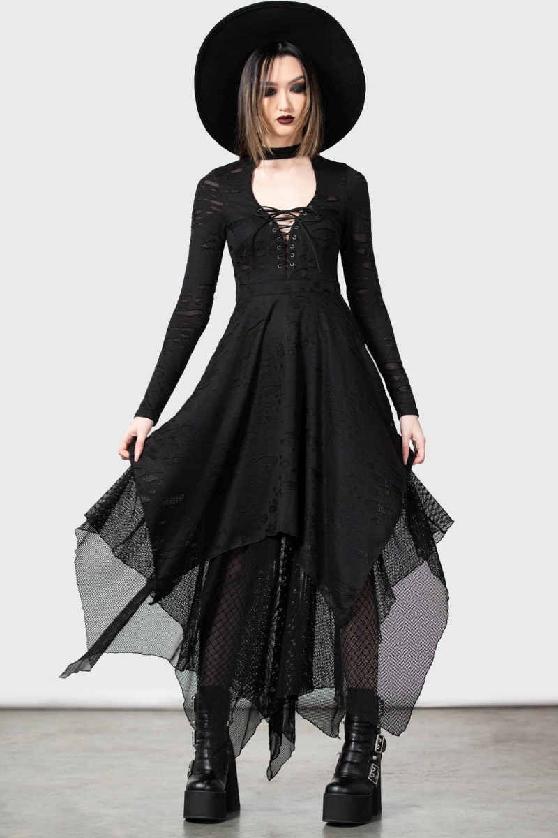 Killstar Boneland Arrow Maxi Vestido Negros | 23609-EPMT