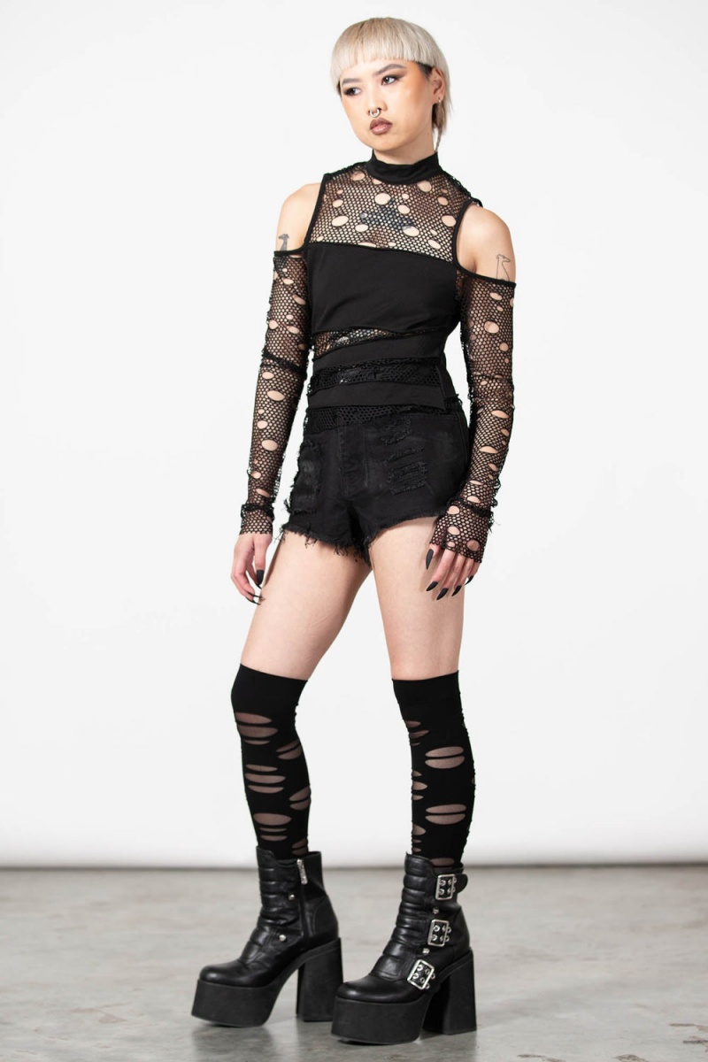 Killstar Burn Out Fishnet Crop Top Negros | 21087-OKBZ