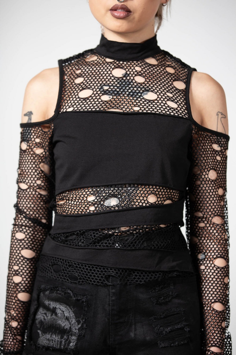 Killstar Burn Out Fishnet Crop Top Negros | 21087-OKBZ