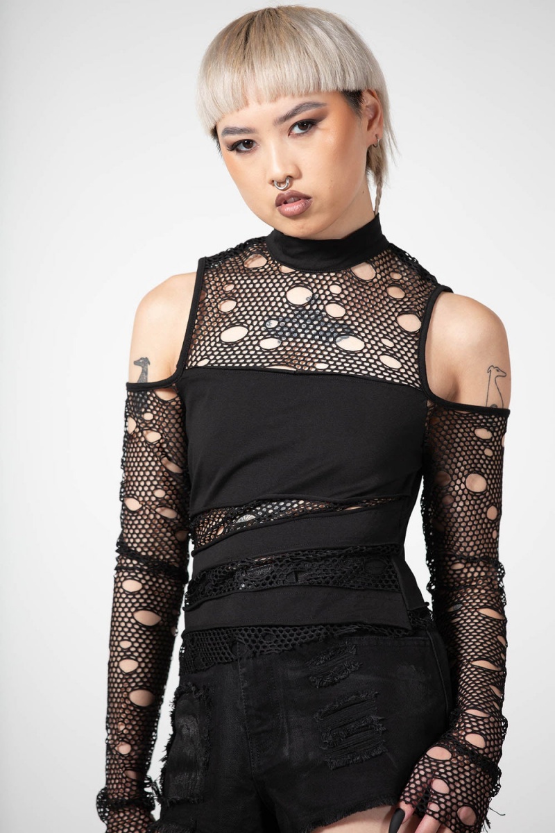Killstar Burn Out Fishnet Crop Top Negros | 21087-OKBZ