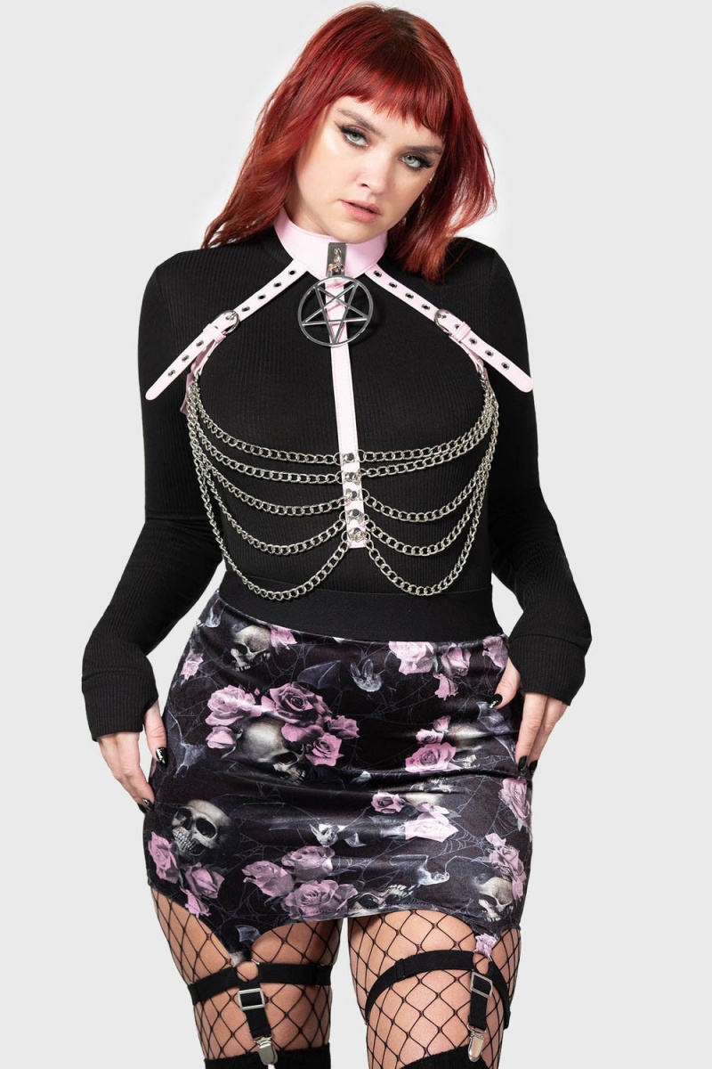 Killstar Cassandra Velvet Mini Skirt [BLACK/PINK] Rosas | 30158-YNDP