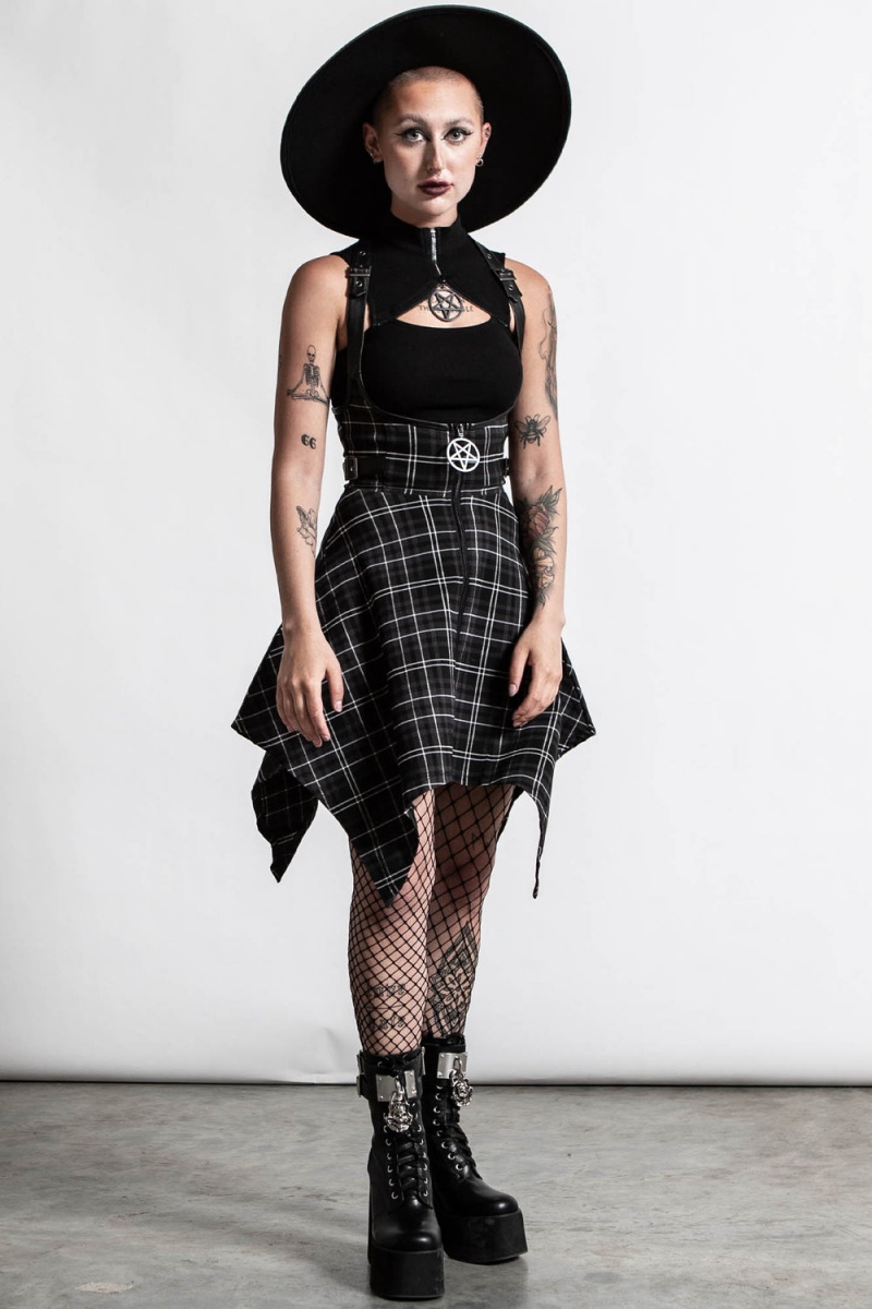 Killstar Dazed & Confused Suspender Skirt [ASH TARTAN] Grises | 18254-NULO