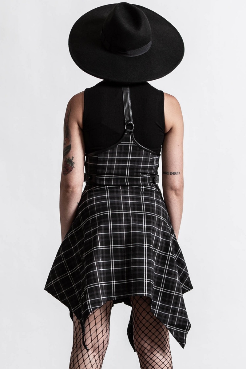 Killstar Dazed & Confused Suspender Skirt [ASH TARTAN] Grises | 18254-NULO