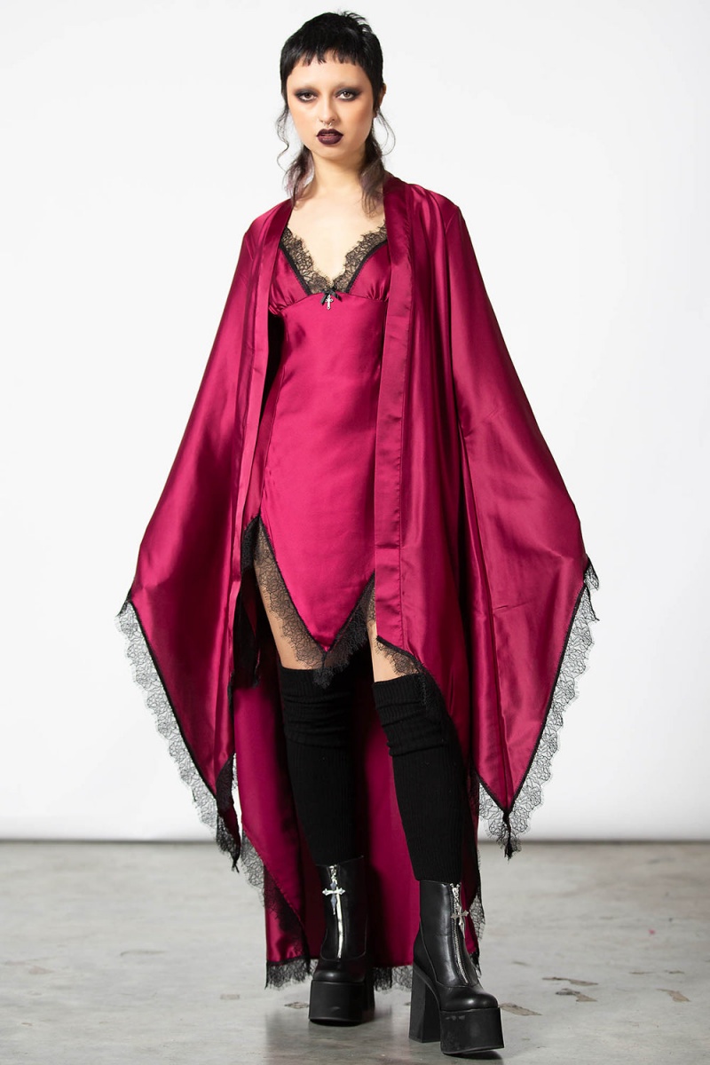 Killstar Deadly Daze Satin Robe [BLOOD] Rojos | 12067-NJHT