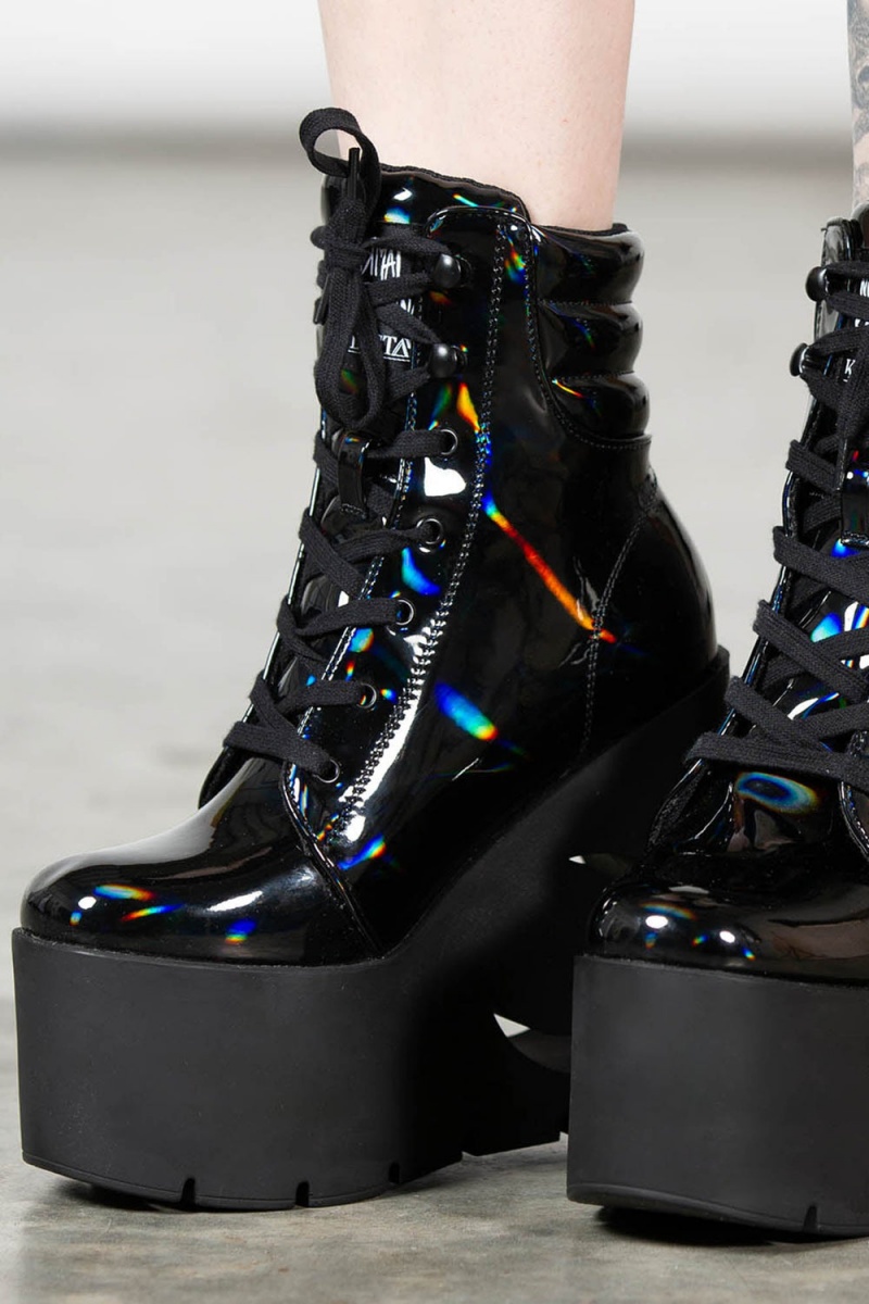 Killstar Diana Crescent Wedge Boots [BLACK HOLOGRAPHIC] Negros | 75219-VYNR