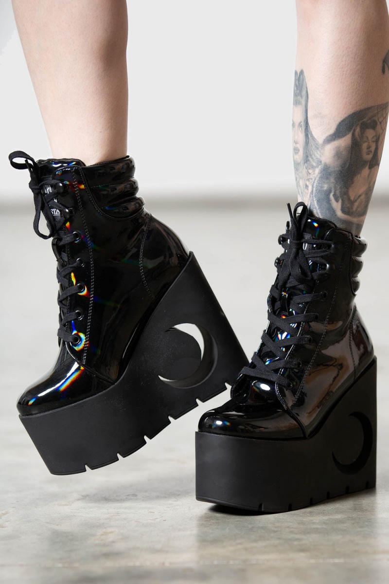 Killstar Diana Crescent Wedge Boots [BLACK HOLOGRAPHIC] Negros | 75219-VYNR