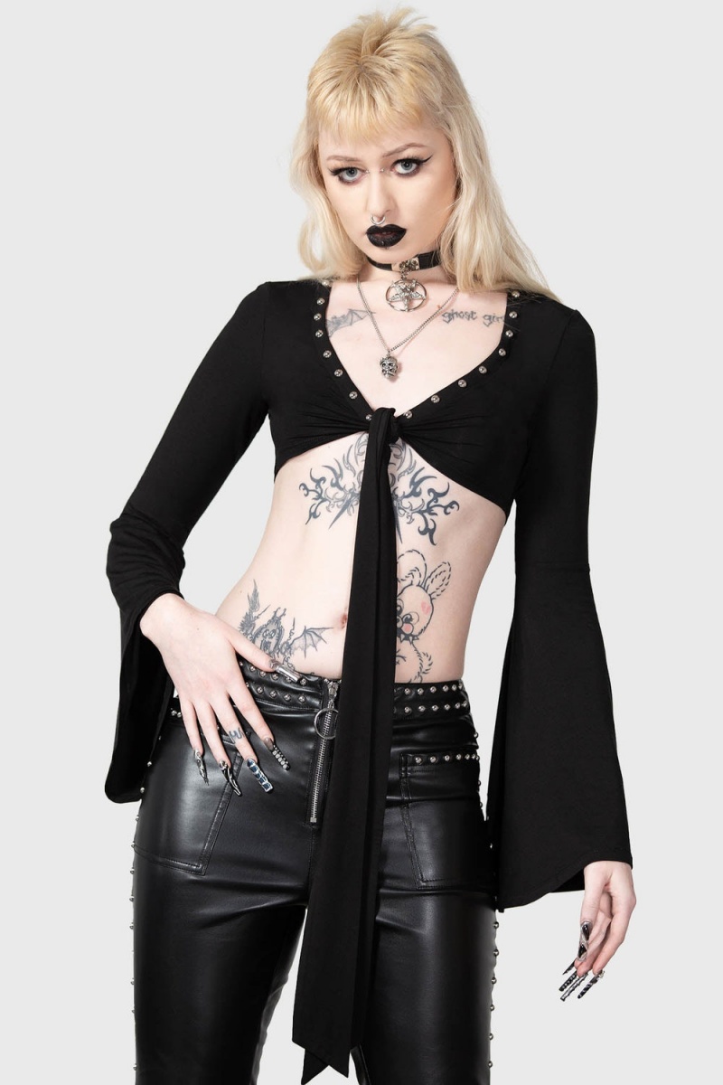 Killstar Elegy Front Tie Top Negros | 49587-UJCP