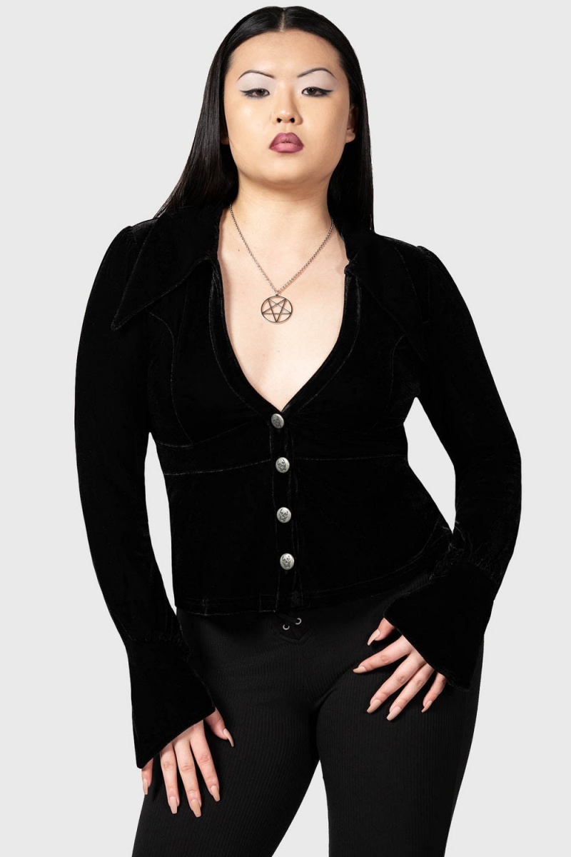 Killstar Evelina's Enhancement Velvet Plunge Shirt Negros | 73104-YZWV