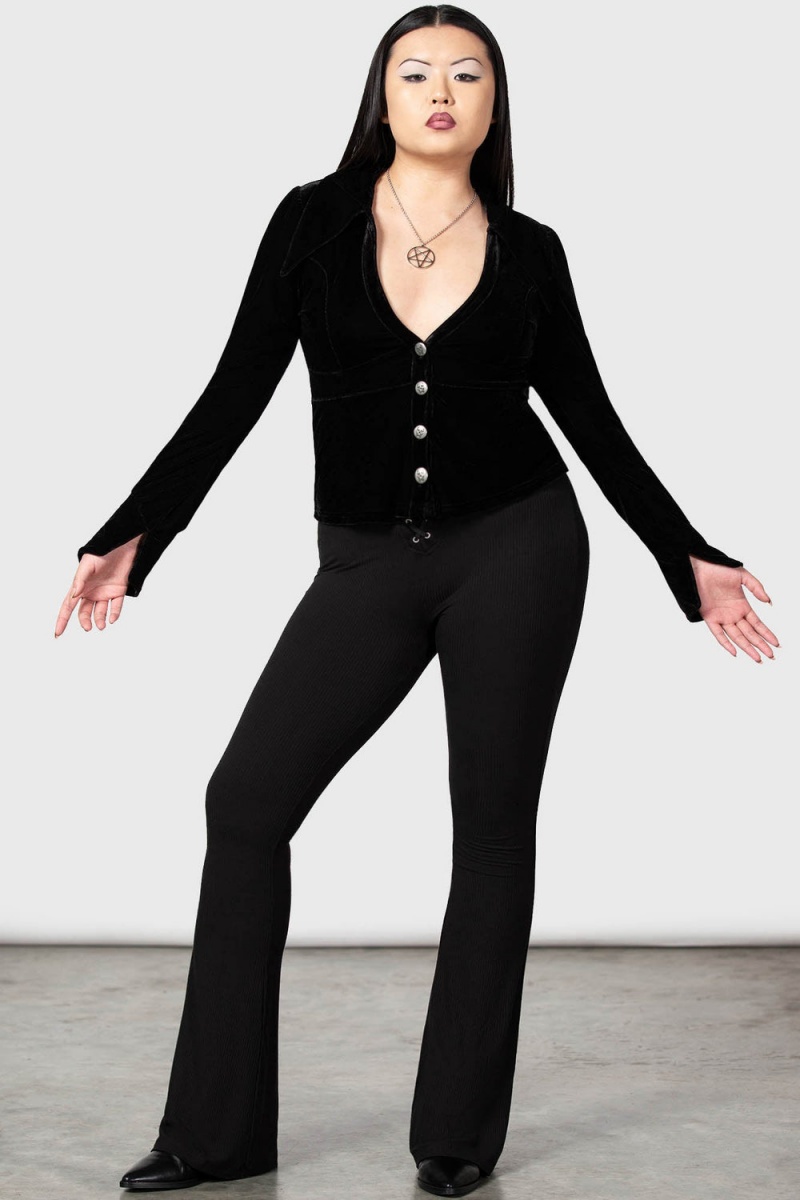 Killstar Evelina's Enhancement Velvet Plunge Shirt Negros | 73104-YZWV