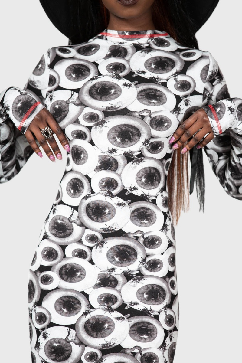 Killstar Four Flies Vestido Negros Blancos | 67214-SNEA