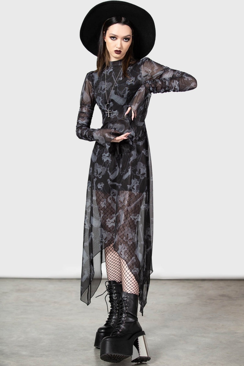 Killstar Glisten Long Sleeve Vestido Negros | 27498-WPLK