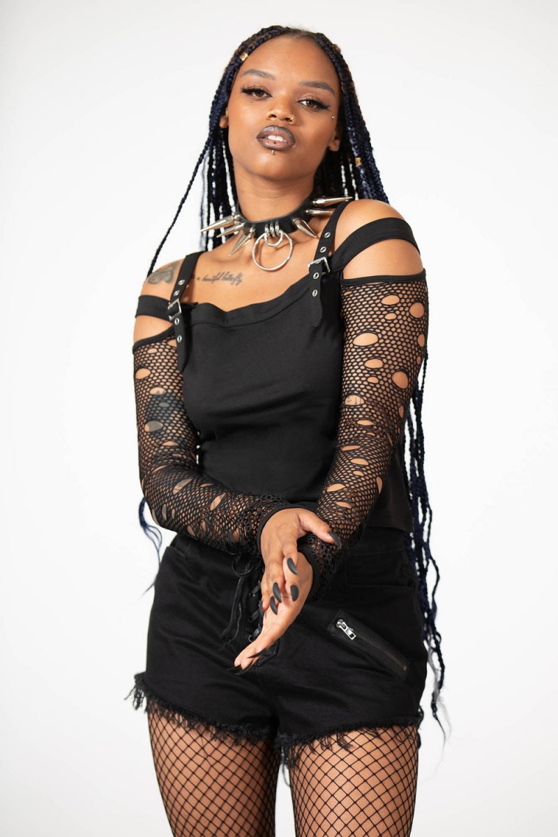 Killstar Glitched Fishnet Bardot Top Negros | 57208-JYVW