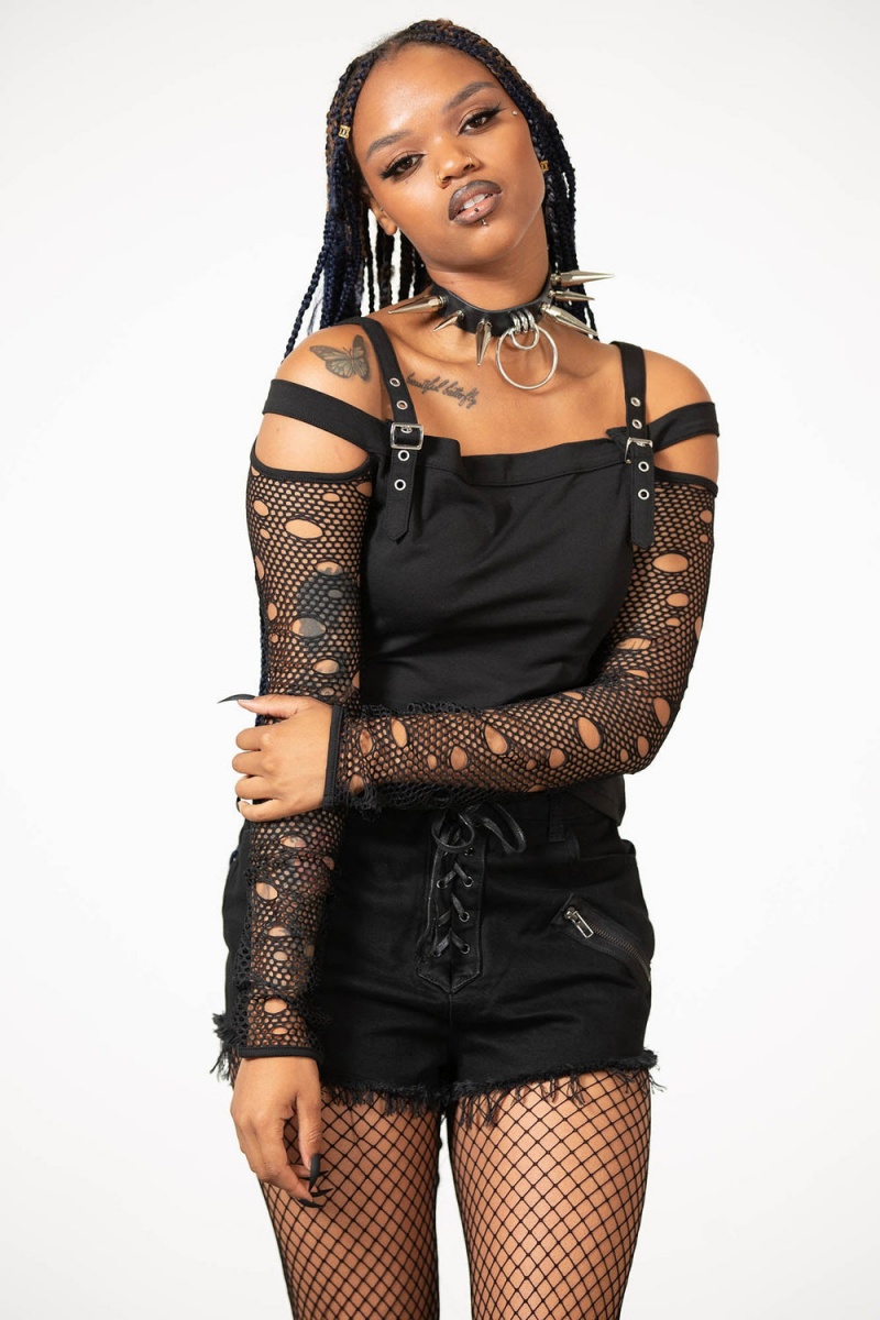 Killstar Glitched Fishnet Bardot Top Negros | 57208-JYVW