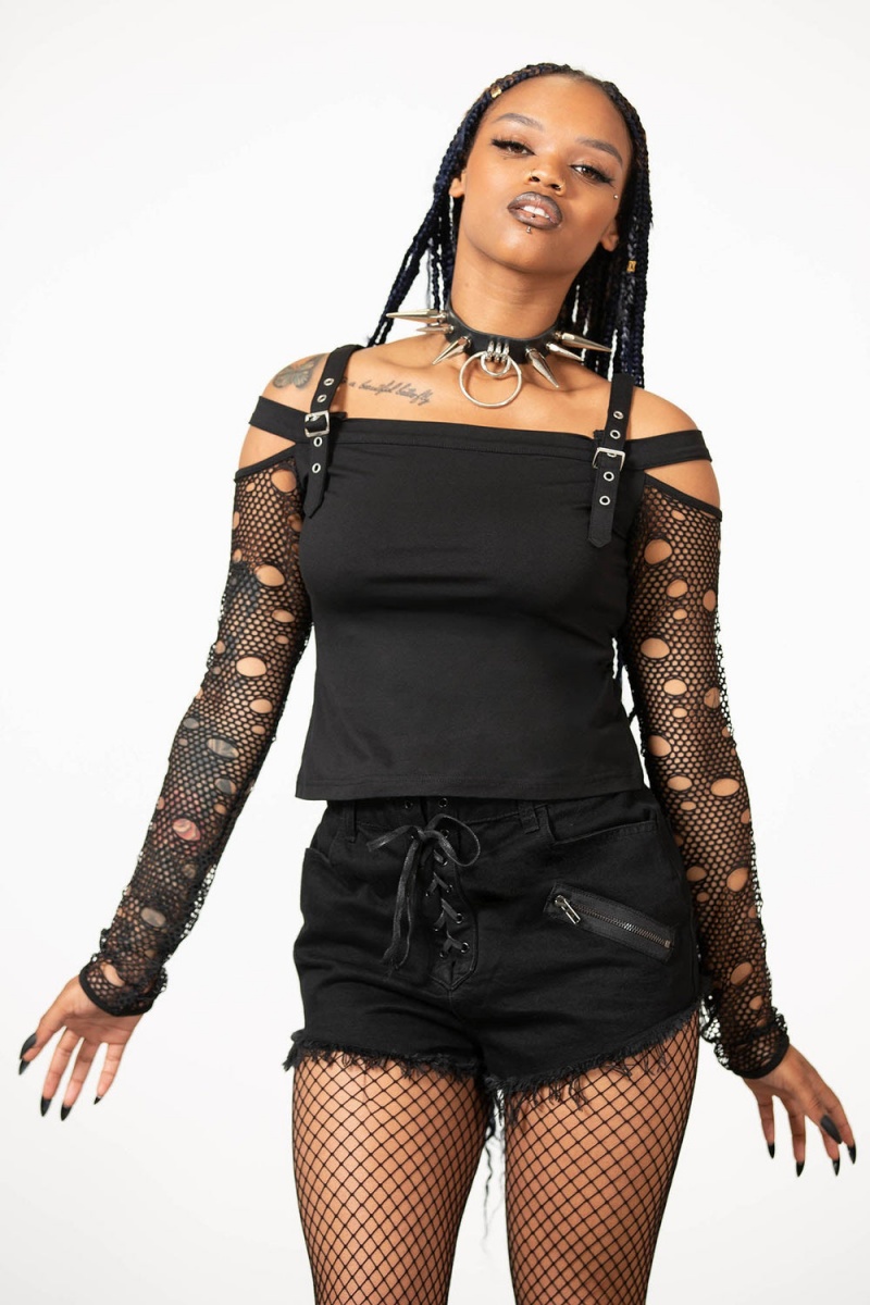 Killstar Glitched Fishnet Bardot Top Negros | 57208-JYVW