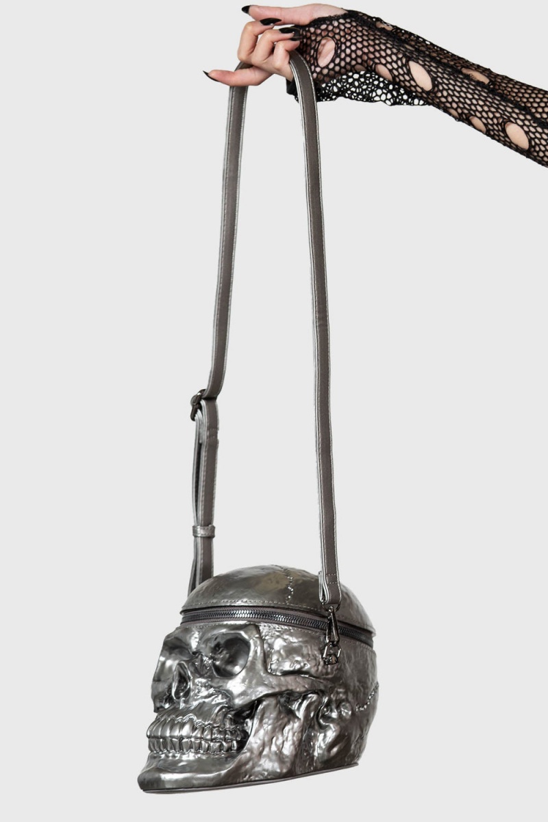 Killstar Grave Digger Skull Handbag [GUNMETAL] Grises | 97425-EHMU