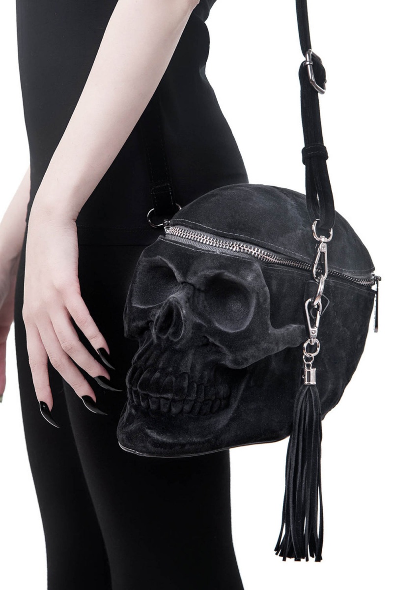 Killstar Grave Digger Skull Handbag [VELVET] Negros | 65491-QDXM