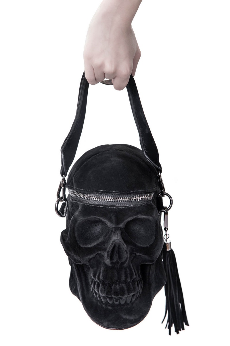 Killstar Grave Digger Skull Handbag [VELVET] Negros | 65491-QDXM