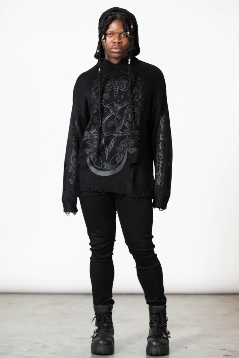 Killstar Hyperion Encapuchado Knit Sueter Negros | 03748-LGYM