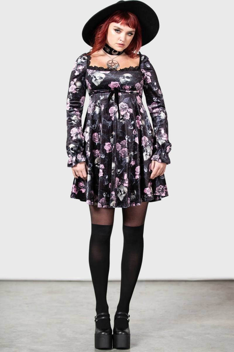 Killstar Imperia Long Sleeve Vestido [BLACK/PINK] Rosas | 71983-JHYO